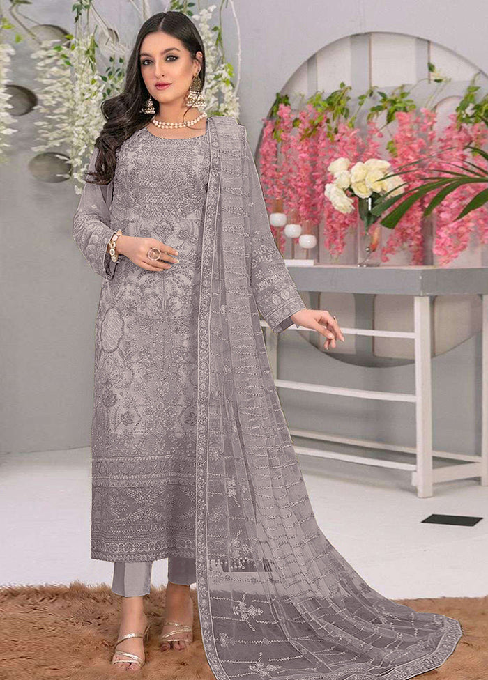 3 Pc Grey Semi Stitched Georgette Suit Set