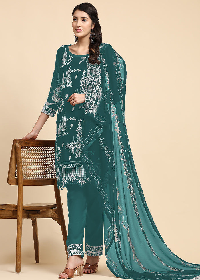 3 Pc Sky Blue Semi Stitched Georgette Suit Set