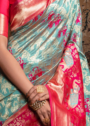 Sky Blue Dupion Silk Saree With Blouse Piece