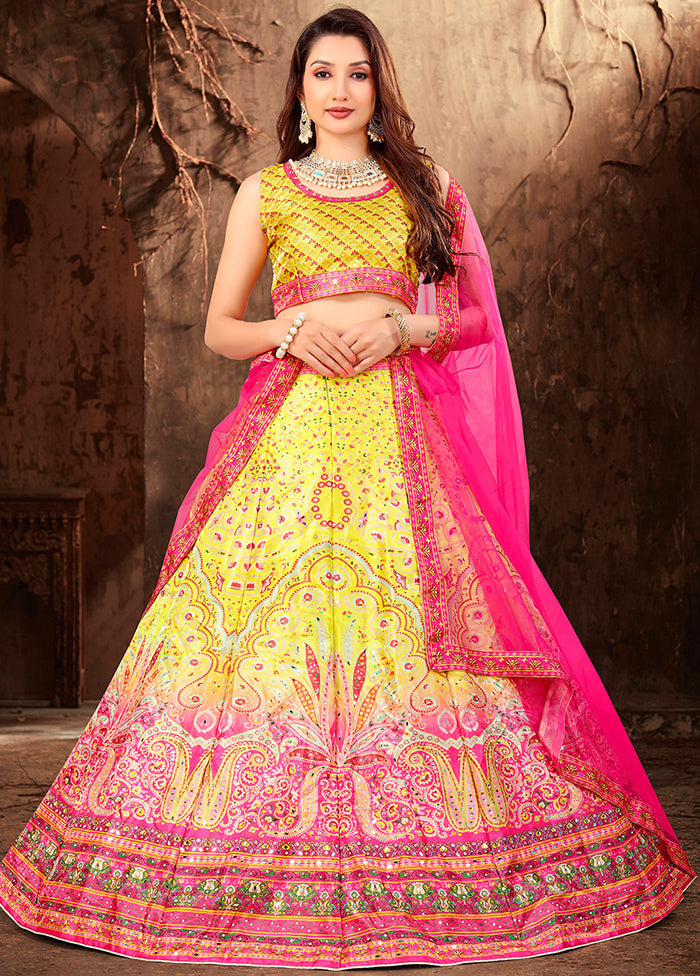 3 Pc Yellow Silk Semi Stitched Lehenga Set