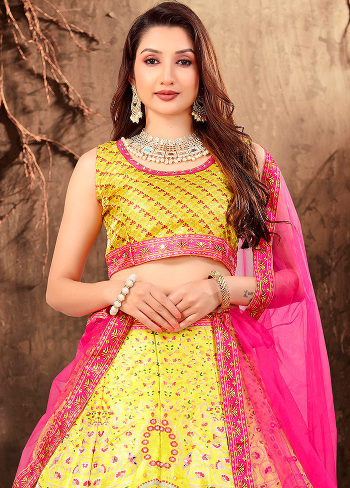 3 Pc Yellow Silk Semi Stitched Lehenga Set