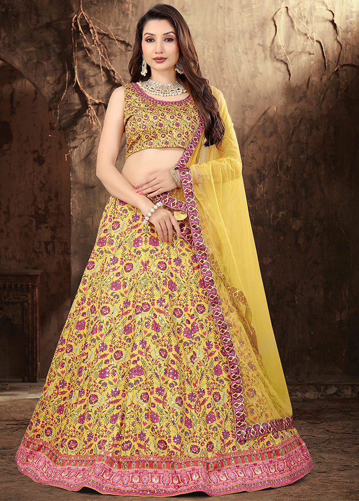 3 Pc Yellow Silk Semi Stitched Lehenga Set