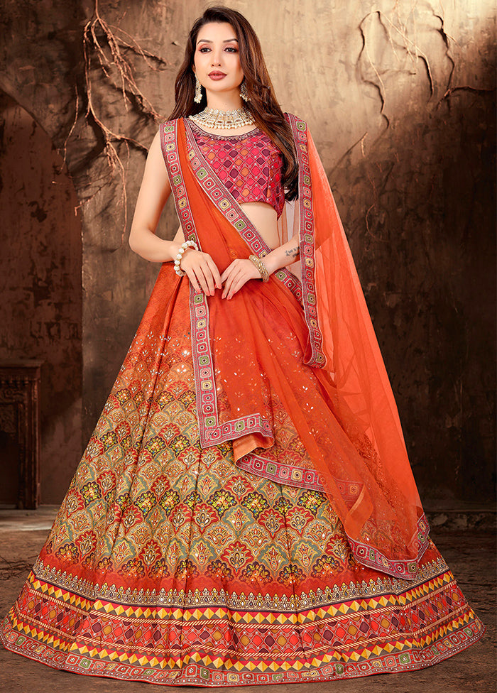 3 Pc Orange Silk Semi Stitched Lehenga Set