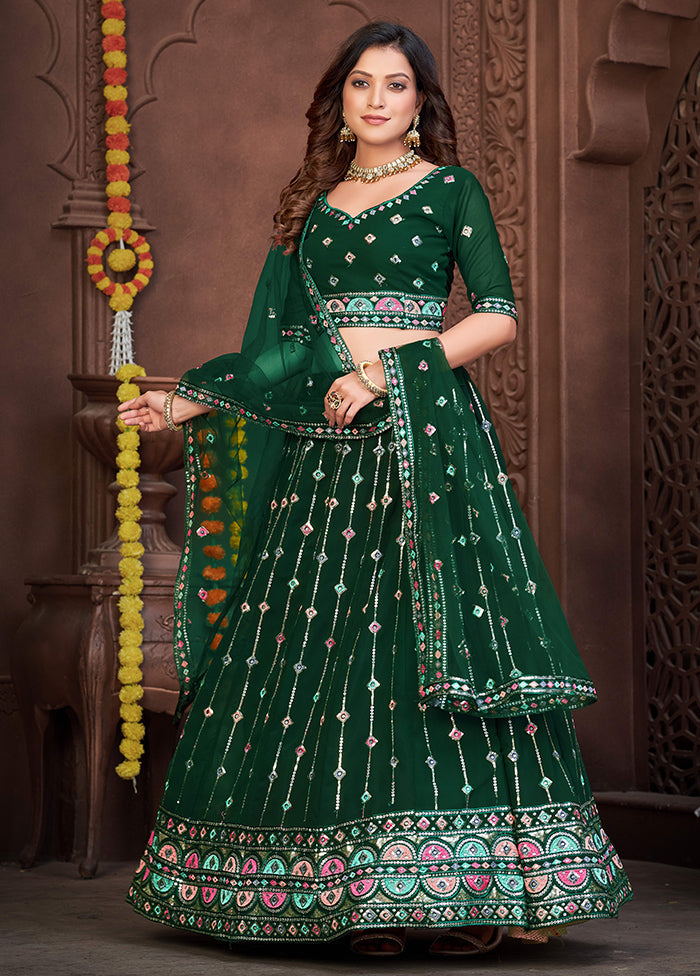 3 Pc Green Georgette Semi Stitched Lehenga Set