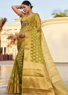 Olive Green Organza Saree With Blouse Piece