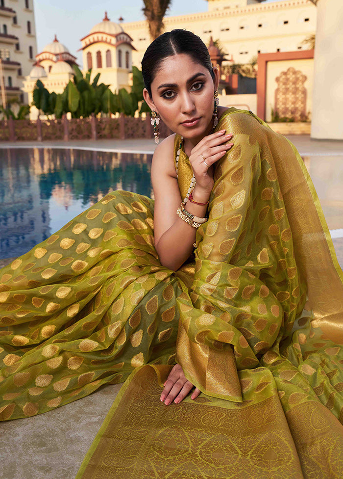 Olive Green Organza Saree With Blouse Piece