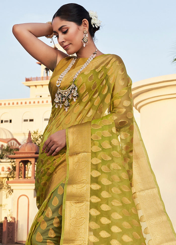 Olive Green Organza Saree With Blouse Piece