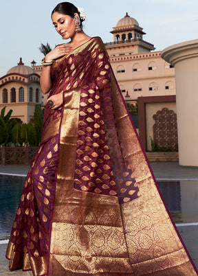 Wine Organza Saree With Blouse Piece