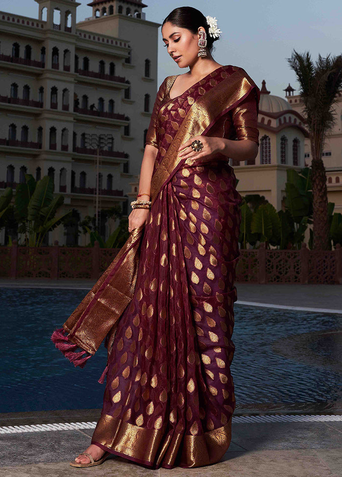 Wine Organza Saree With Blouse Piece