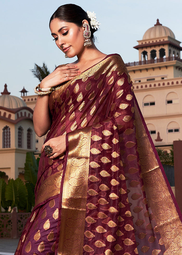 Wine Organza Saree With Blouse Piece