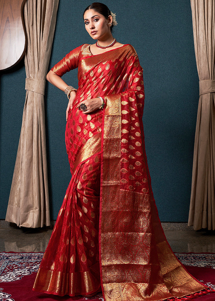 Red Organza Saree With Blouse Piece