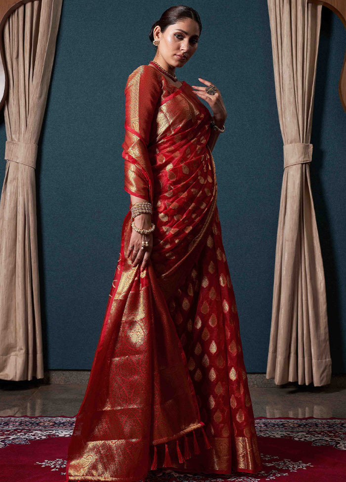 Red Organza Saree With Blouse Piece