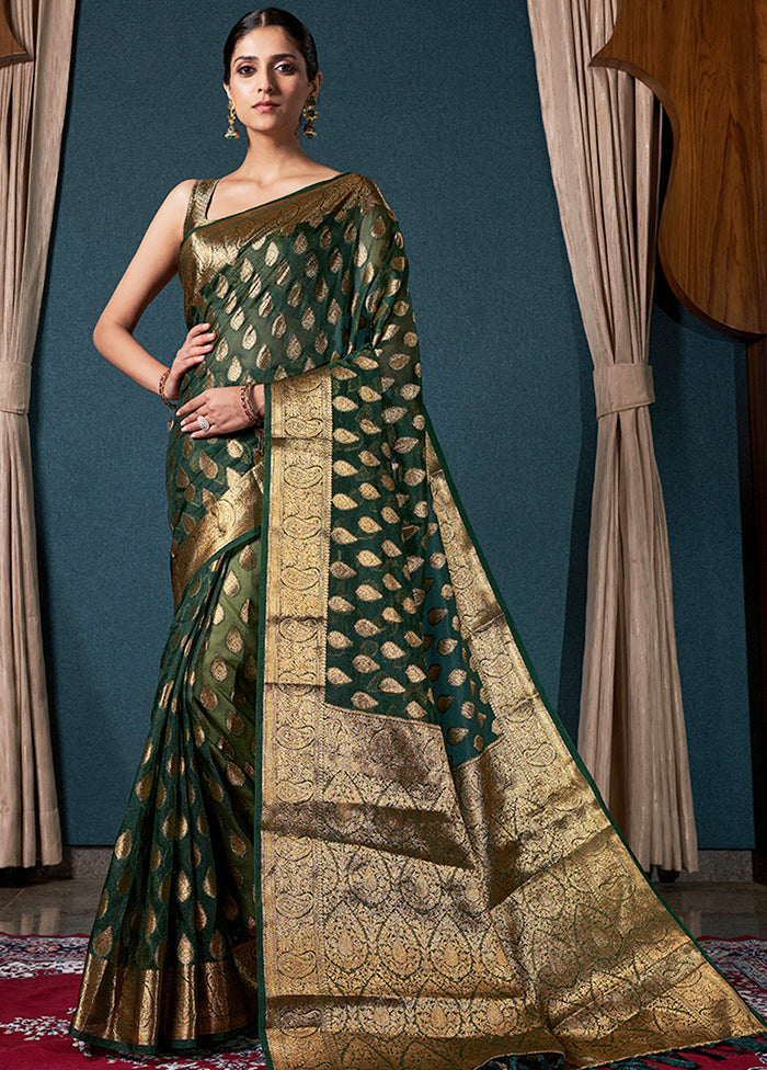 Bottle Green Organza Saree With Blouse Piece