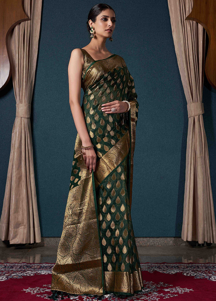 Bottle Green Organza Saree With Blouse Piece