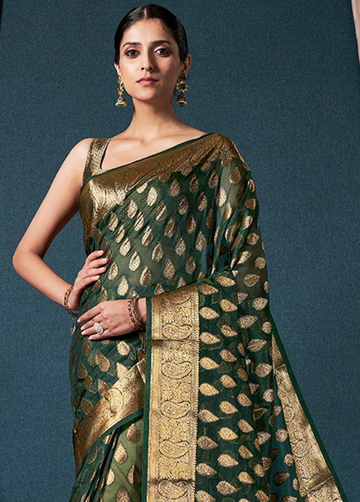 Bottle Green Organza Saree With Blouse Piece