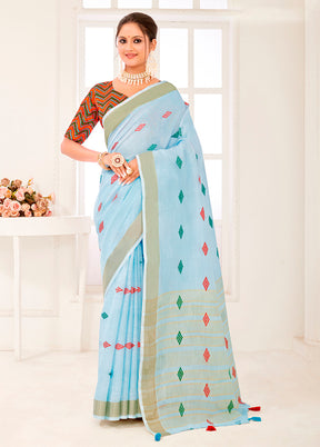 Sky Blue Spun Silk Saree With Blouse Piece