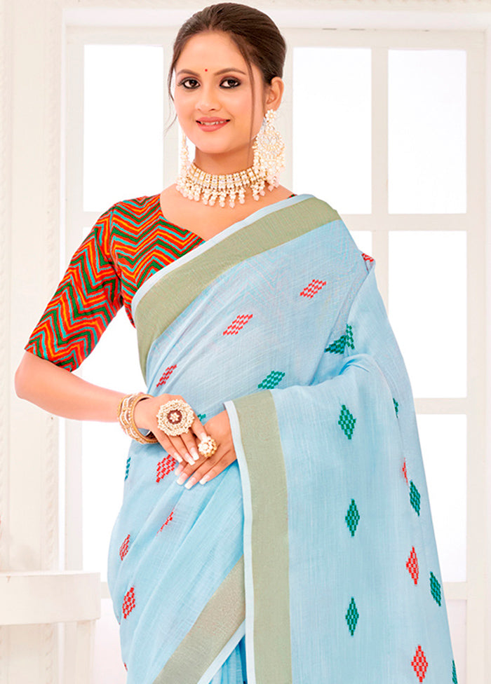 Sky Blue Spun Silk Saree With Blouse Piece