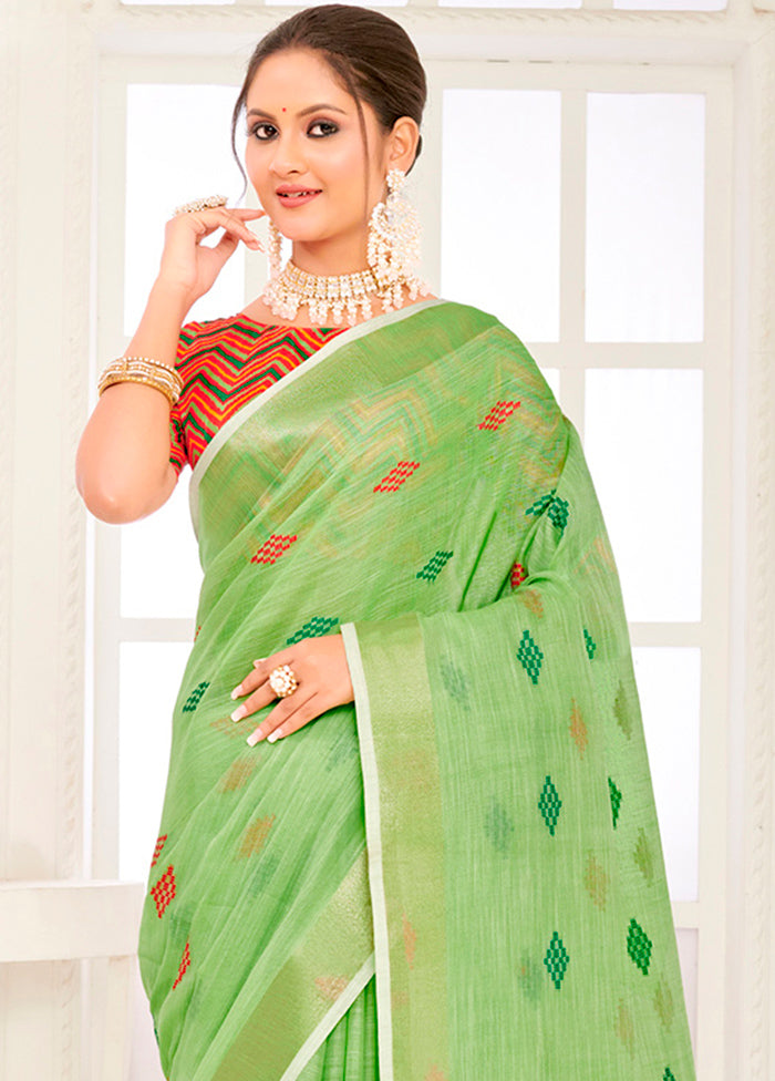 Green Spun Silk Saree With Blouse Piece