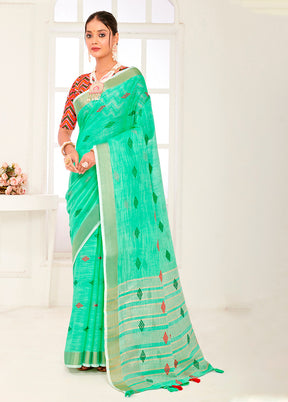 Sea Green Spun Silk Saree With Blouse Piece