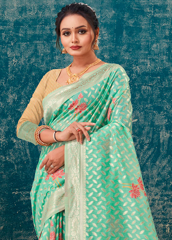 Green Kota Cotton Saree With Blouse Piece