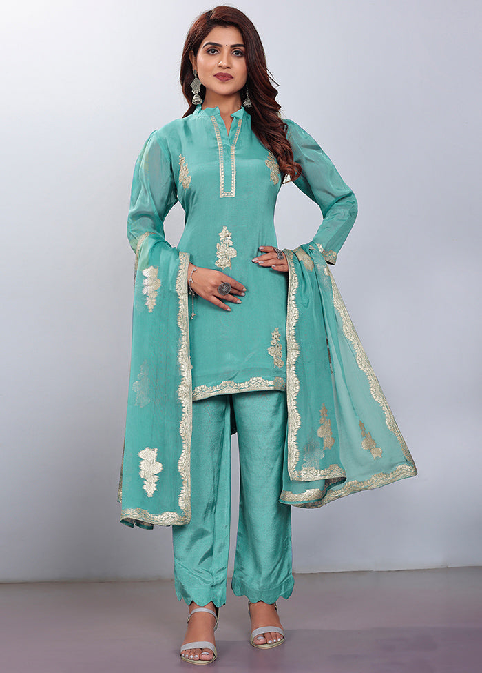 3 Pc Sea Green Readymade Viscose Suit Set