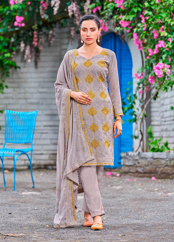 3 Pc Grey Semi Stitched Georgette Suit Set