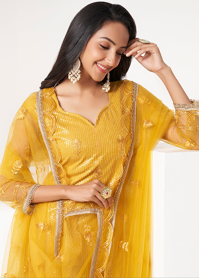 3 Pc Mustard Semi Stitched Net Suit Set