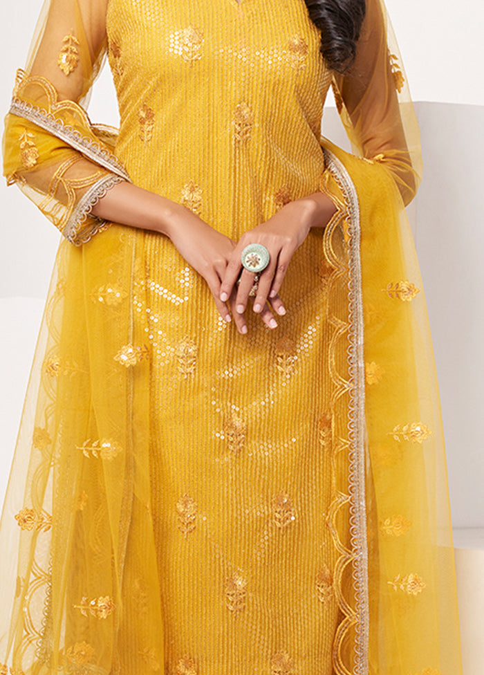 3 Pc Mustard Semi Stitched Net Suit Set