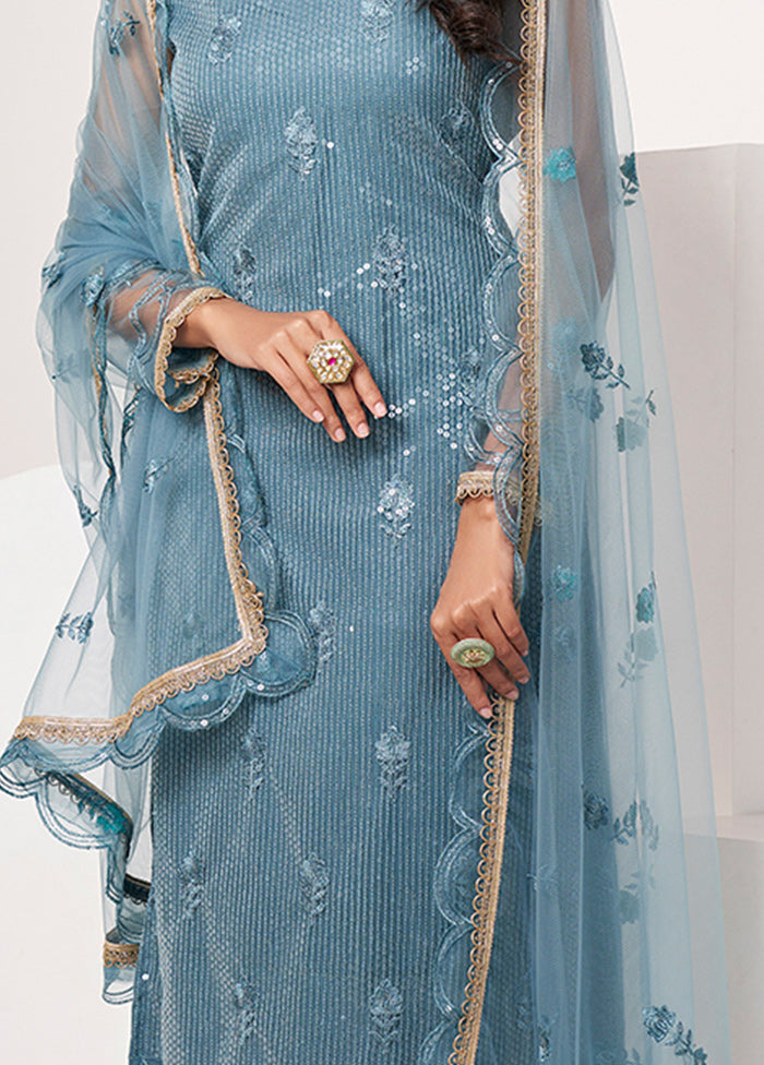 3 Pc Turquoise Semi Stitched Net Suit Set