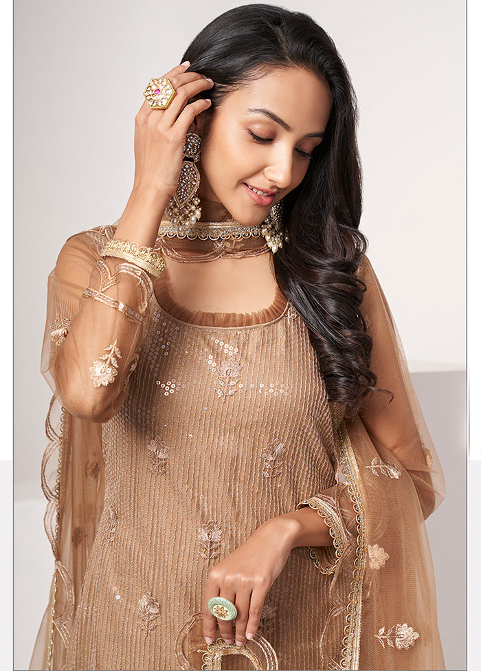 3 Pc Brown Semi Stitched Net Suit Set