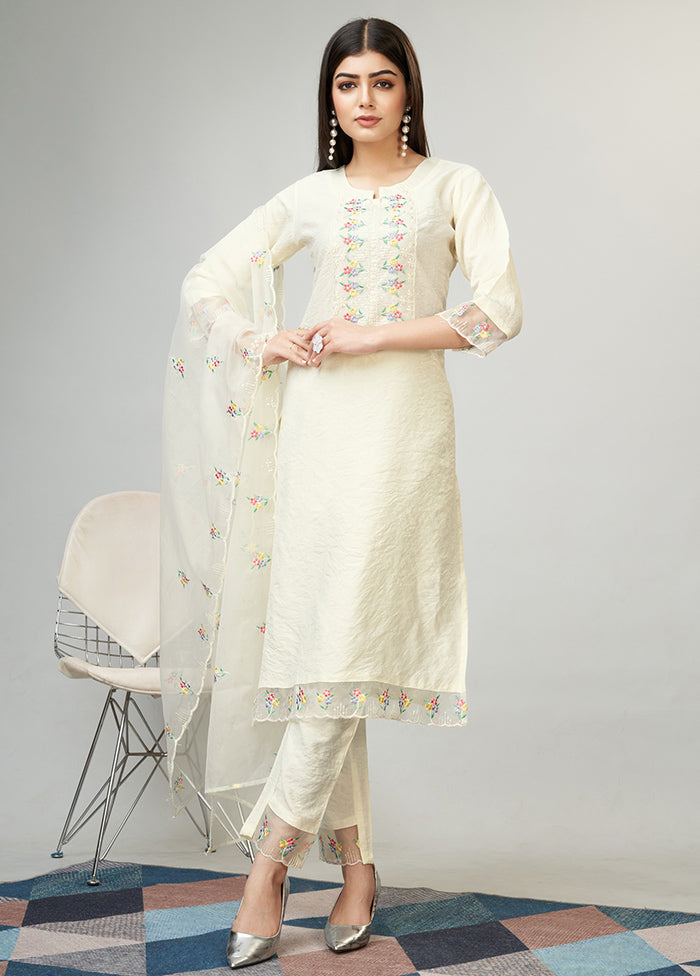 3 Pc Cream Readymade Viscose Suit Set