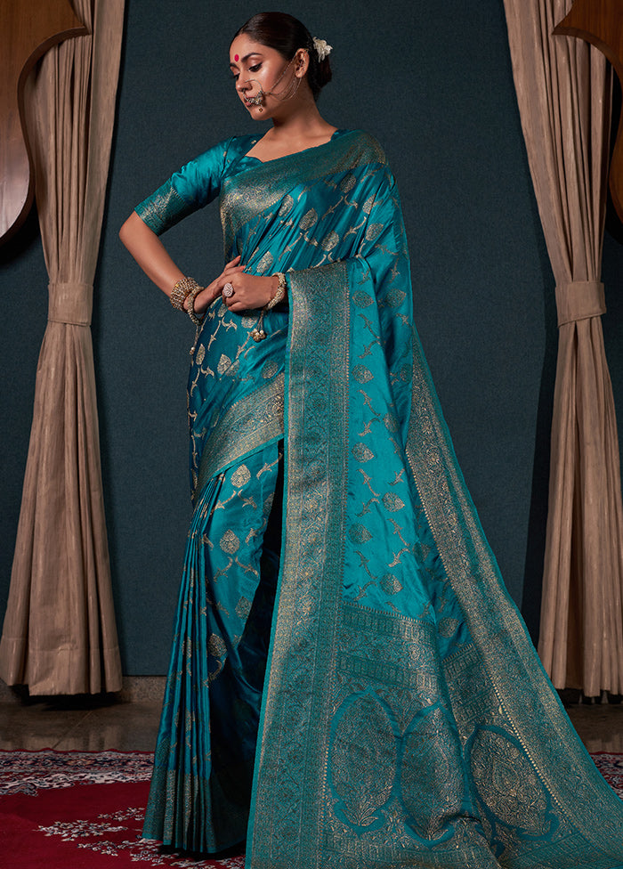 Teal Blue Dupion Silk Saree With Blouse Piece