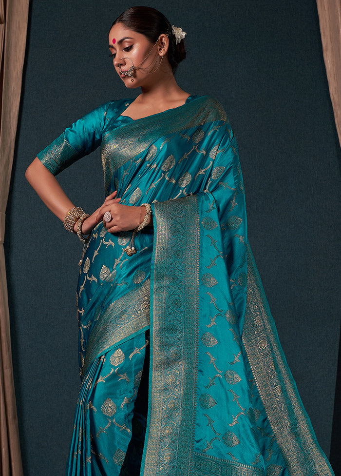 Teal Blue Dupion Silk Saree With Blouse Piece