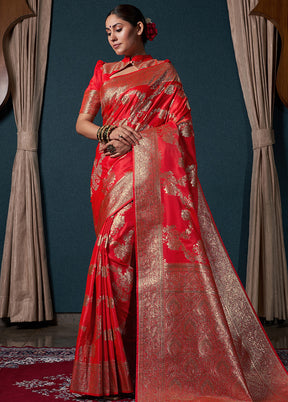 Red Dupion Silk Saree With Blouse Piece