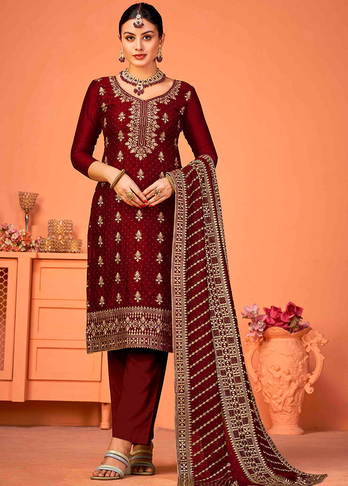 3 Pc Maroon Semi Stitched Silk Suit Set