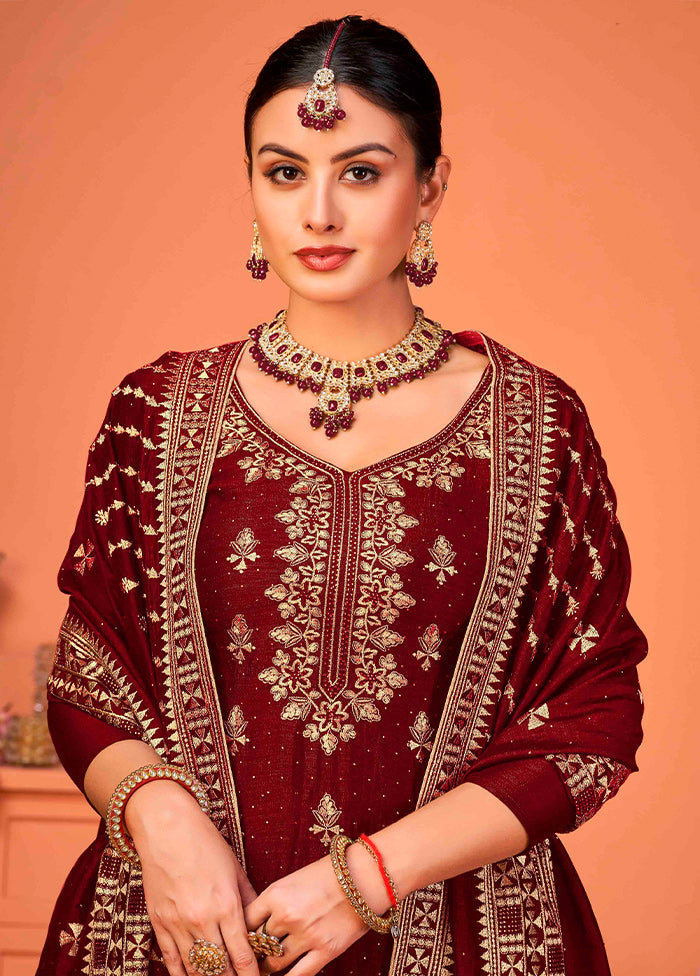 3 Pc Maroon Semi Stitched Silk Suit Set