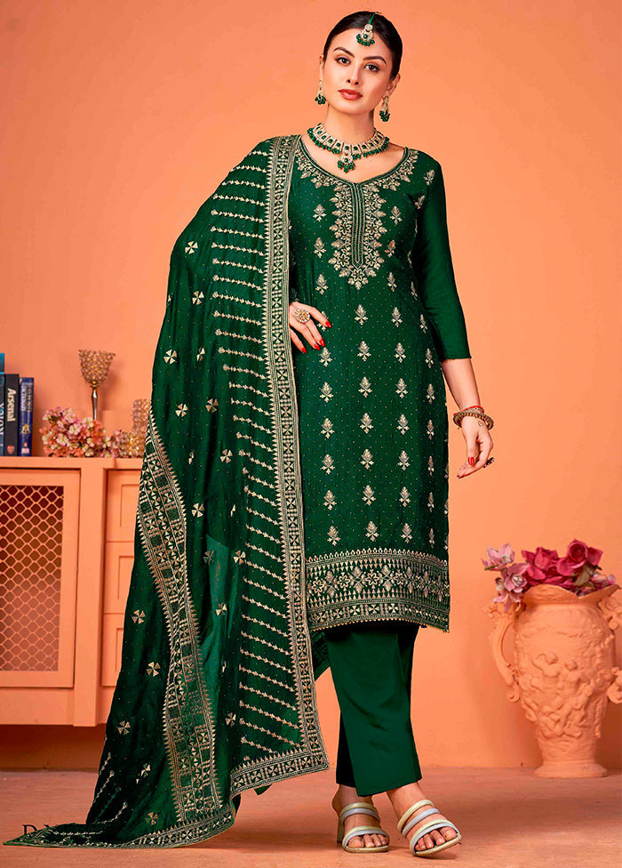 3 Pc Green Semi Stitched Silk Suit Set