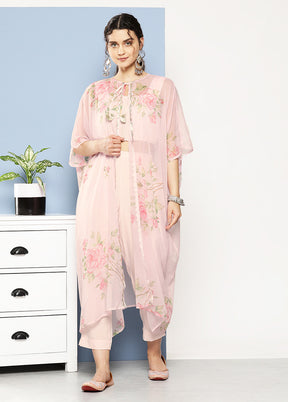 3 Pc Pink Readymade Silk Suit Set With Jacket