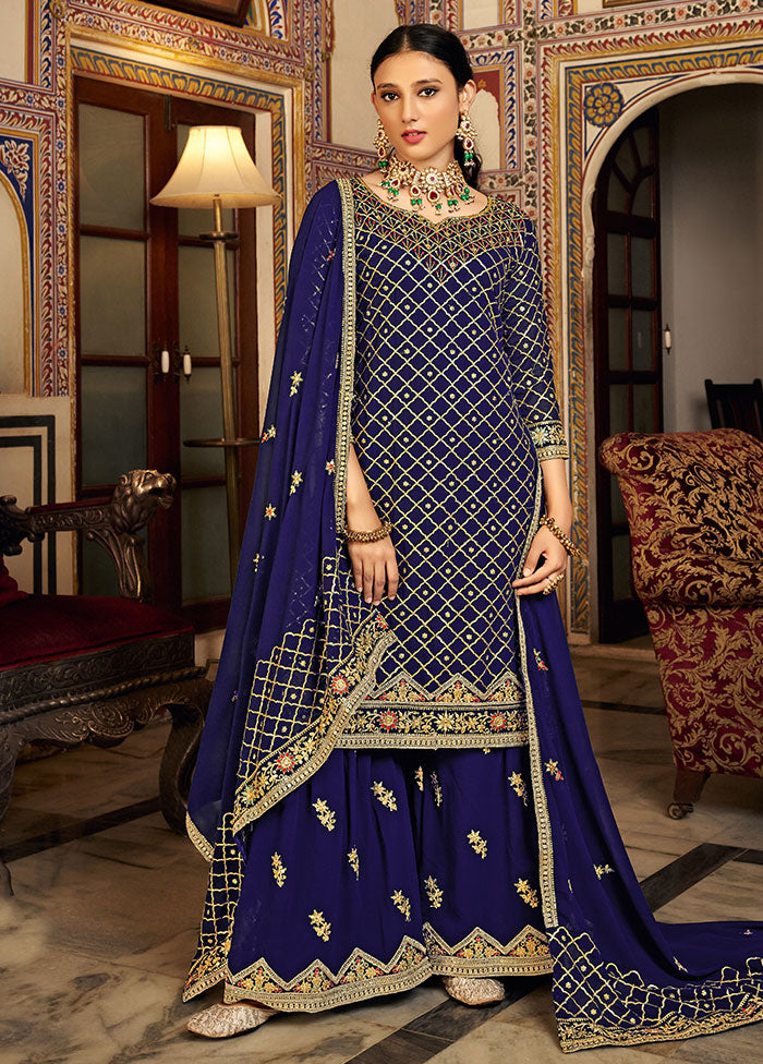 3 Pc Blue Semi Stitched Silk Suit Set