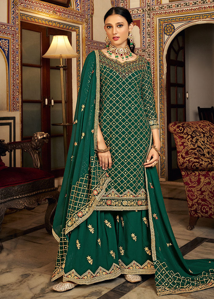 3 Pc Green Semi Stitched Silk Suit Set