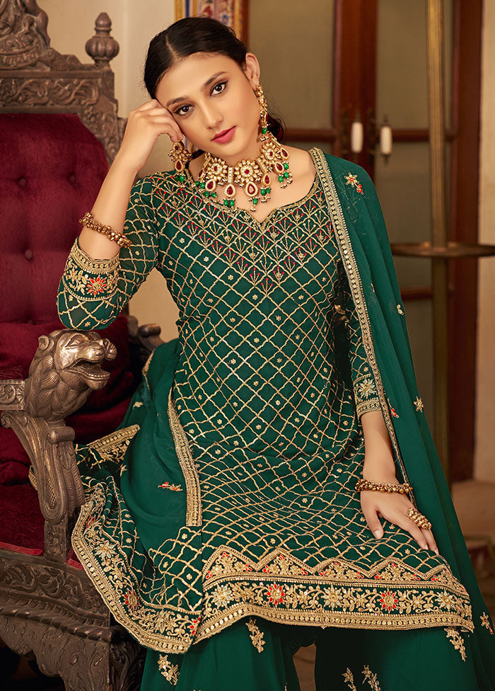 3 Pc Green Semi Stitched Silk Suit Set