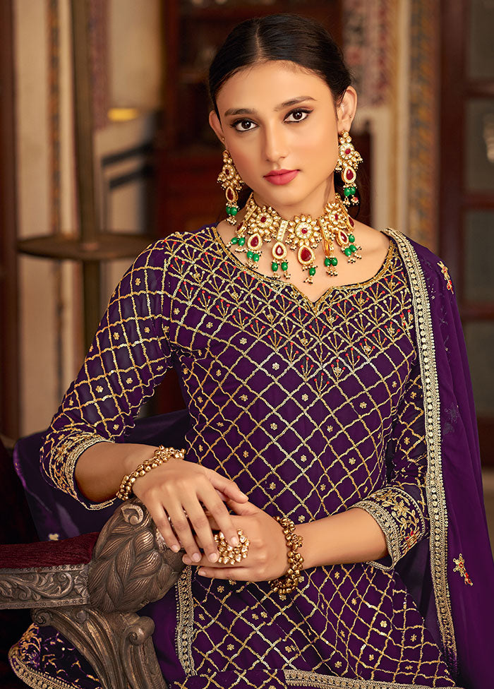 3 Pc Purple Semi Stitched Silk Suit Set