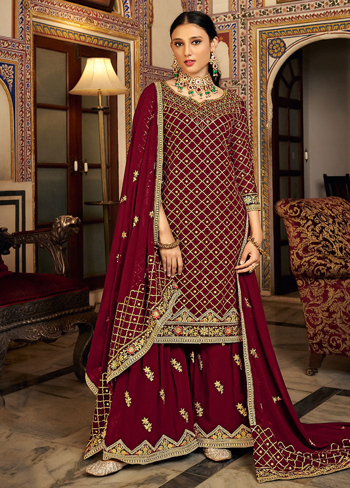 3 Pc Maroon Semi Stitched Silk Suit Set