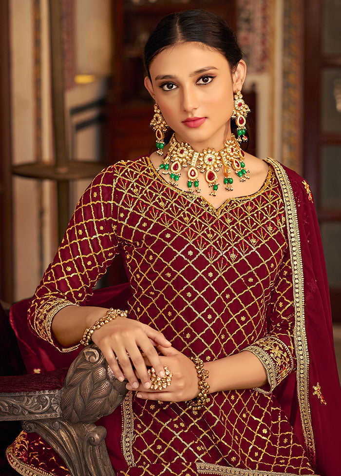 3 Pc Maroon Semi Stitched Silk Suit Set