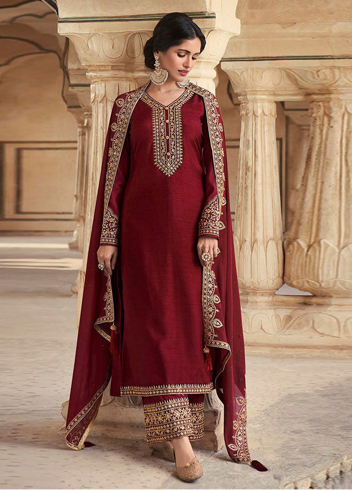 3 Pc Maroon Semi Stitched Silk Suit Set