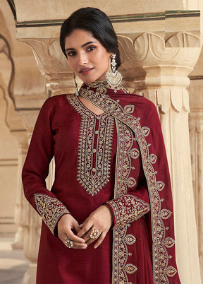 3 Pc Maroon Semi Stitched Silk Suit Set