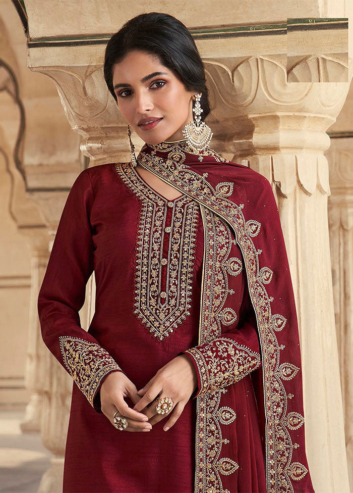 3 Pc Maroon Semi Stitched Silk Suit Set