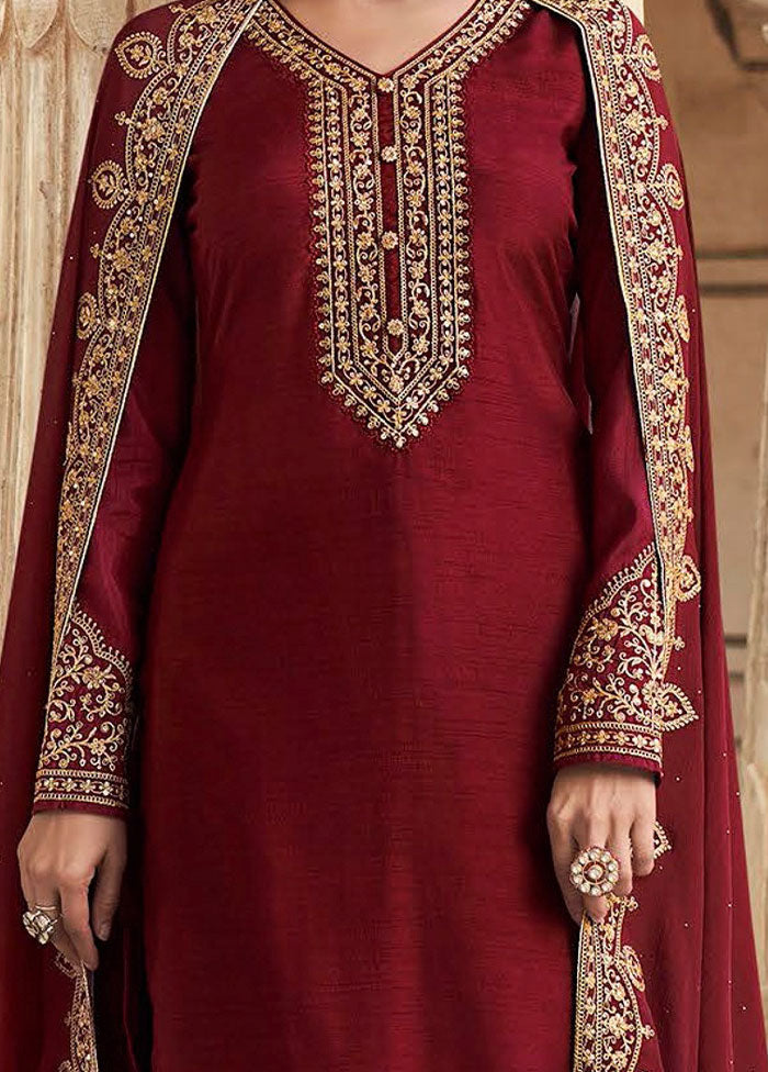 3 Pc Maroon Semi Stitched Silk Suit Set