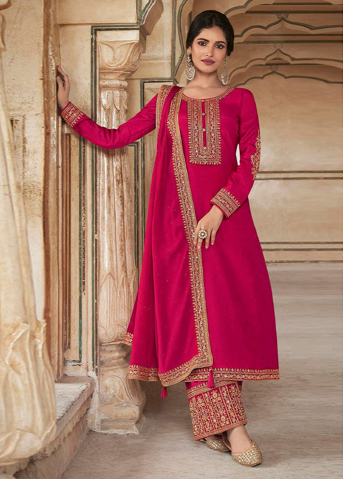 3 Pc Pink Semi Stitched Silk Suit Set