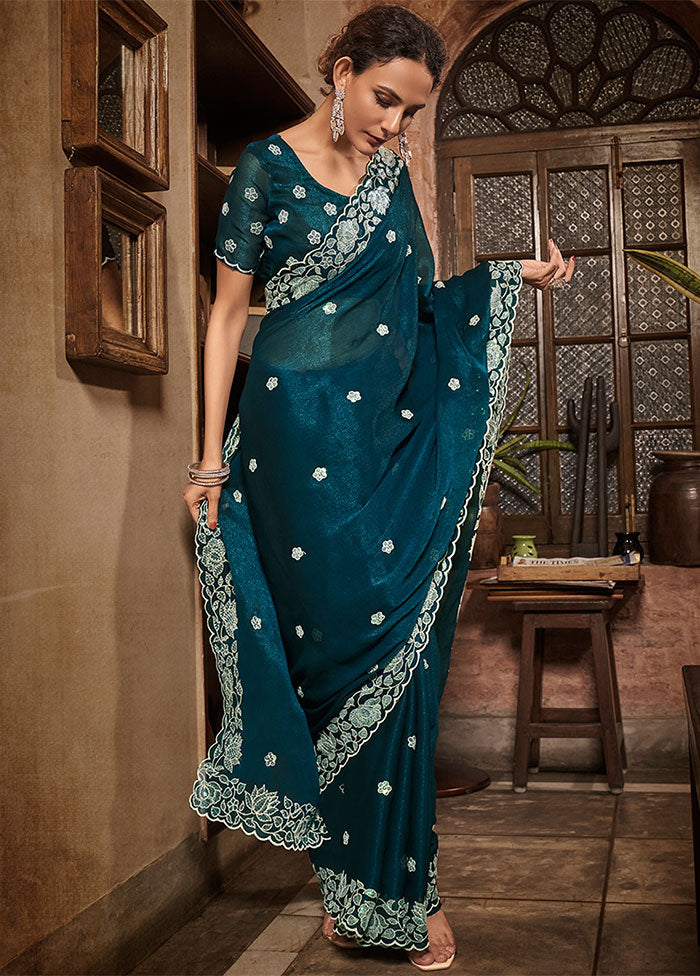 Teal Blue Chiffon Silk Saree With Blouse Piece